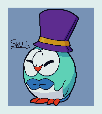 A shiny rowlet wearing a purple tophat
